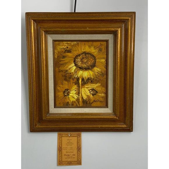 60s Vintage Original Oil Painting Small 17.5 x 15.5" Sunflowers with Frame 6390 - Picture 2 of 10